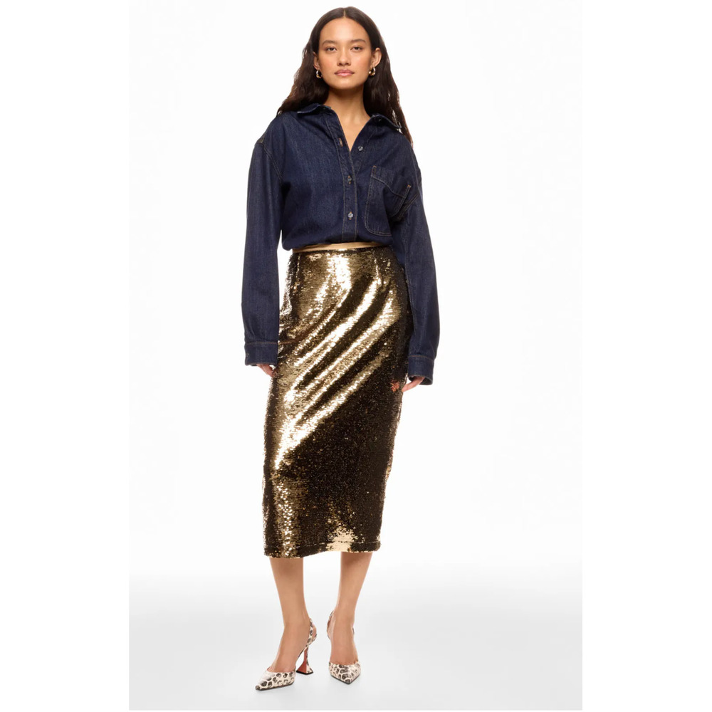MARIE OLIVER NWT Wray Midi Skirt in Gold Sequin // 2 - Picture 2 of 15